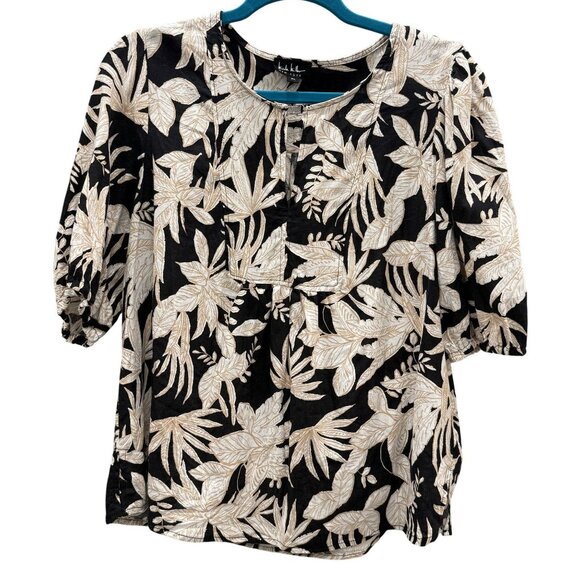 Nicole Miller New York Womens XL Black Beige Floral Linen Blouse Office Casual - Picture 4 of 8